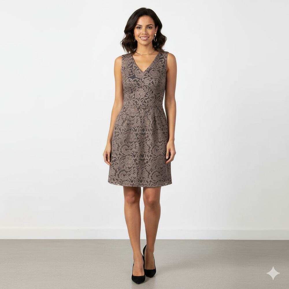 Monteau Womens Floral Lace Dress V-Neck Pleated A-Line Skater Lined Sleeveless M